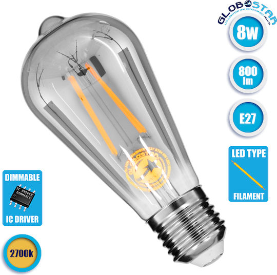 GloboStar Edison Retro LED-Lampe 8W 145mm für Fassung E27 und Form ST64 Warmes Weiß 800lm Dimmbar