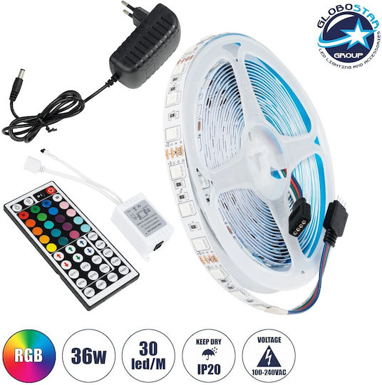 GloboStar Αδιάβροχη Ταινία LED 12V RGB Φως 5m Τύπου SMD5050 με Τροφοδοτικό & Τηλεχειριστήριο