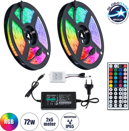 GloboStar Αδιάβροχη Ταινία LED 12V RGB Φως 2x5m Τύπου SMD5050 με Τροφοδοτικό & Τηλεχειριστήριο