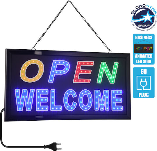 GloboStar Open Welcome Κυλιόμενη Πινακίδα LED Μονής Όψης 48x25cm Κίτρινο / Κόκκινο / Μπλε / Πράσινο