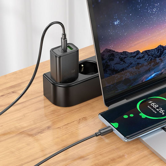 Hoco Φορτιστής με Θύρα USB-A και Θύρα USB-C και Καλώδιο USB-C - USB-C 30W Power Delivery / Quick Charge 3.0 Μαύρος (N63)