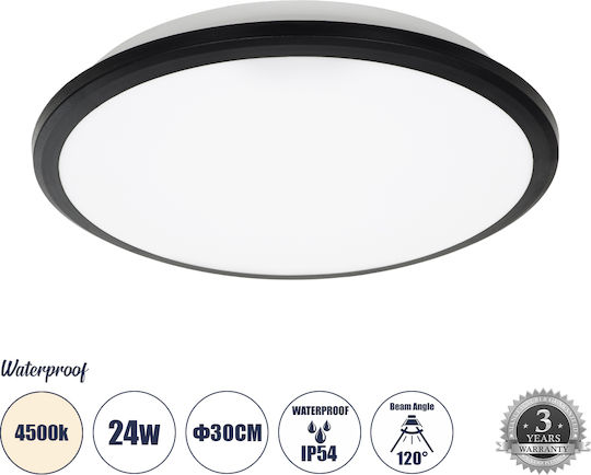 GloboStar Tuffin Ceiling Mount Light Bathroom 30cm Black with Integrated LED