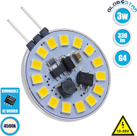 GloboStar Λάμπα LED 3W για Ντουί G4 Φυσικό Λευκό 330lm Dimmable