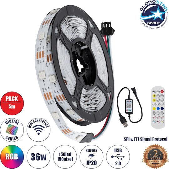 GloboStar LED Strip USB 5V RGB Light 1m Type SMD5050 with Power Supply & Remote Control