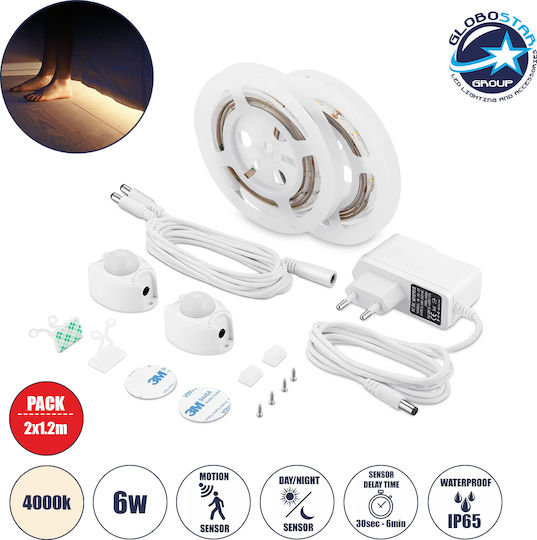 GloboStar Αδιάβροχη Ταινία LED 12V Φυσικό Λευκό Φως 1.2m Τύπου SMD2835 με Τροφοδοτικό