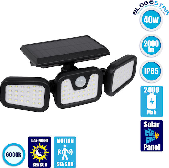 GloboStar Στεγανός Ηλιακός Προβολέας LED 40W Ψυχρό Λευκό 6000K με Αισθητήρα Κίνησης και Φωτοκύτταρο IP65