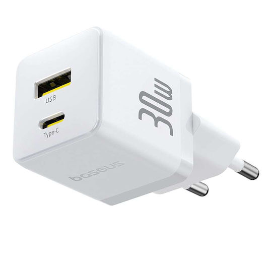 Baseus Charger with USB-A Port and USB-C Port and Cable USB-C - USB-C 30W Whites (Palm)