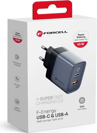 Forcell Ladegerät ohne Kabel GaN mit USB-A Anschluss und USB-C Anschluss 45W Stromlieferung / Schnellaufladung 4.0 Gray