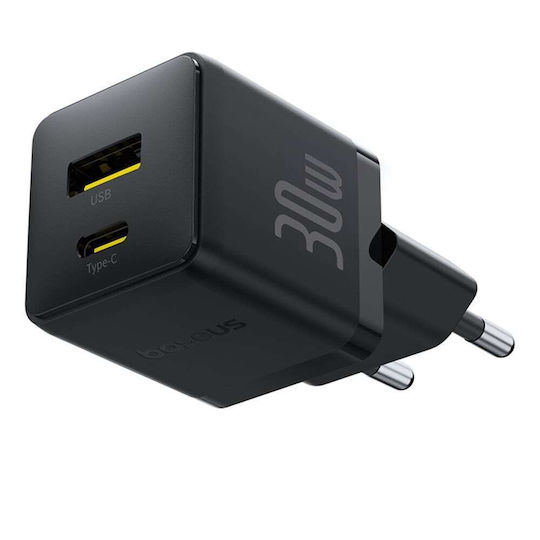 Baseus Φορτιστής με Θύρα USB-A και Θύρα USB-C και Καλώδιο USB-C - USB-C 30W Μαύρος (Palm)