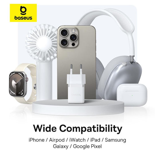 Baseus Mobile Phone Charger With USB-A Output Port And USB-C Output Port And USB-C - USB-C Cable 20W Quick Charge 3.0 White Palm