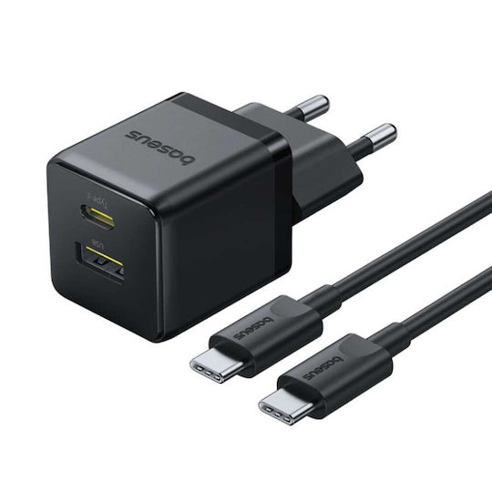Baseus Φορτιστής με Θύρα USB-A και Θύρα USB-C και Καλώδιο USB-C - USB-C 30W Μαύρος (Palm)