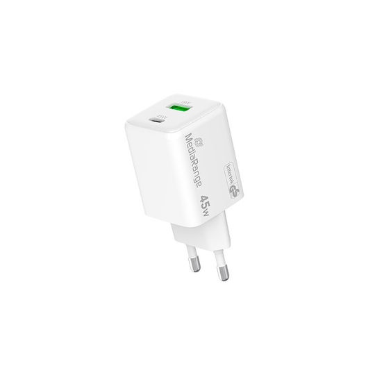 MediaRange Charger Without Cable GaN with USB-A Port and USB-C Port 45W Power Delivery Whites (MRMA113-2)