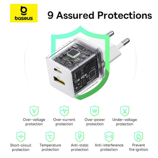 Baseus Mobile Phone Charger With USB-A Output Port And USB-C Output Port And USB-C - USB-C Cable 20W Quick Charge 3.0 White Palm