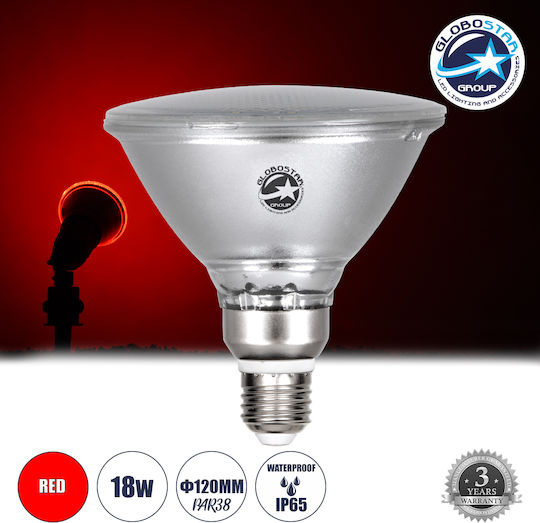 GloboStar LED-Lampe 18W 130mm für Fassung E27 und Form PAR38 Rot 1200lm