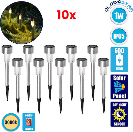 GloboStar Σετ 10 Καρφωτά Ηλιακά Φωτιστικά Φανάρια 1W 100lm Θερμό Λευκό 3000K με Αισθητήρα Κίνησης και Φωτοκύτταρο IP65