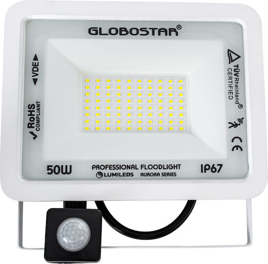 GloboStar Aurora Waterproof LED Floodlight 50W Cold White 6000K with Motion Sensor IP67