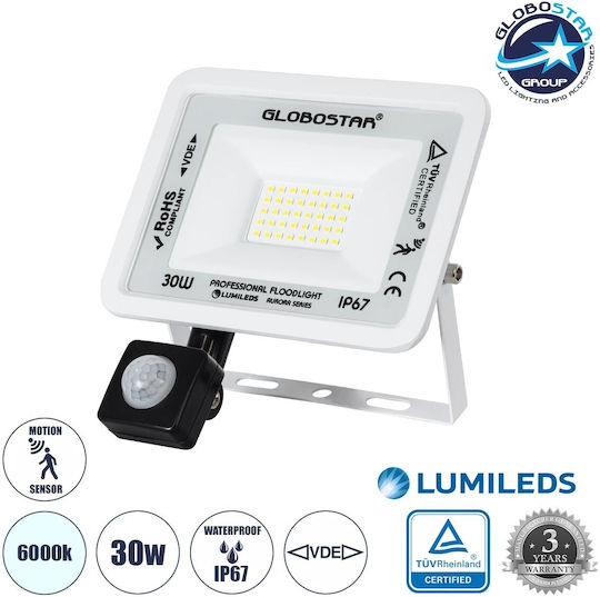 GloboStar Aurora Στεγανός Προβολέας LED 30W Ψυχρό Λευκό 6000K με Αισθητήρα Κίνησης IP67