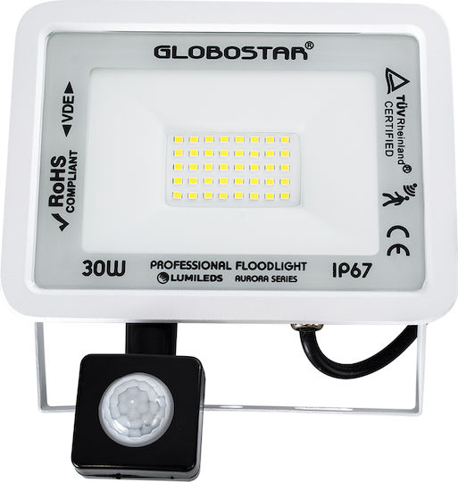 GloboStar Aurora Στεγανός Προβολέας LED 30W Ψυχρό Λευκό 6000K με Αισθητήρα Κίνησης IP67