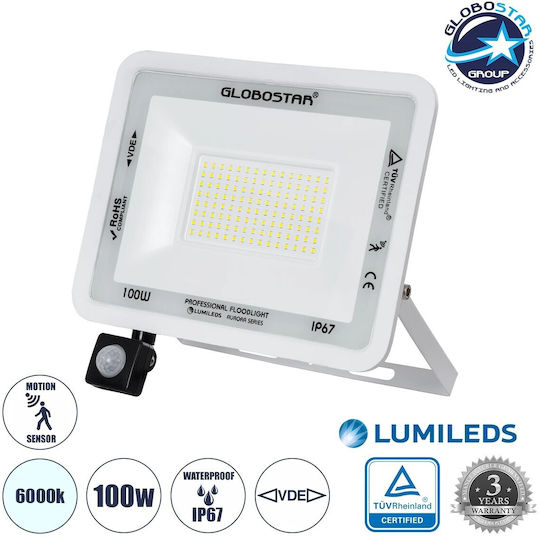 GloboStar Atlas Waterproof LED Floodlight 100W Cold White 6000K with Motion Sensor IP67
