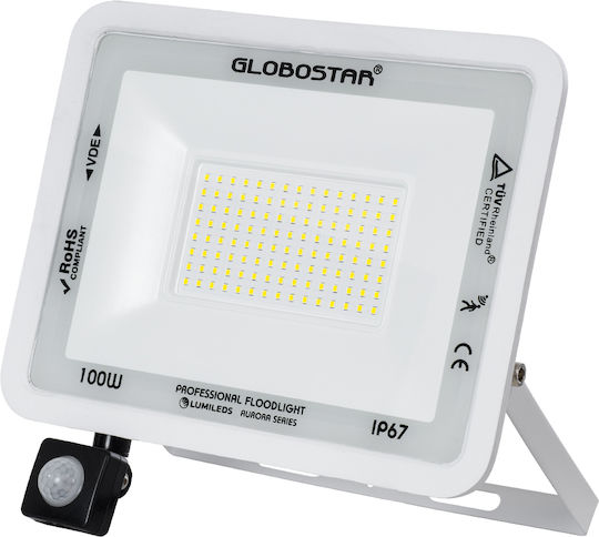 GloboStar Atlas Waterproof LED Floodlight 100W Cold White 6000K with Motion Sensor IP67