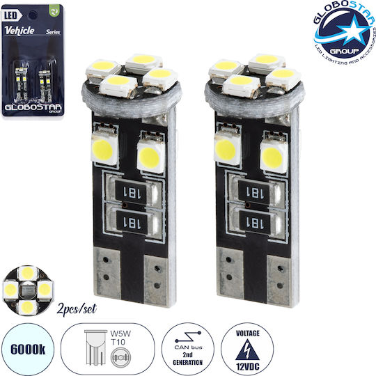 GloboStar Lamps Car T10 / W5W Canbus LED 6000K Cold White 12V 2.6W 2pcs