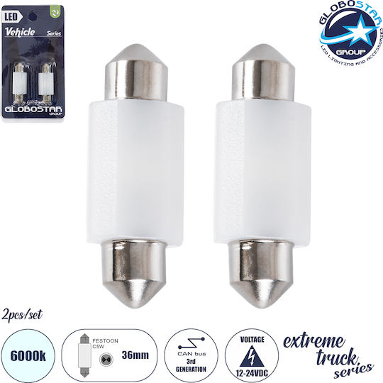 GloboStar Lamps Car C5W Canbus LED 6000K Cold White 12V 2pcs