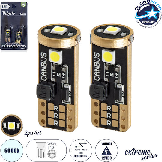 GloboStar Lamps Car 3rd Generation Can-Bus Extreme Series T10 / W5W Canbus LED 6000K Cold White 12V 3W 2pcs