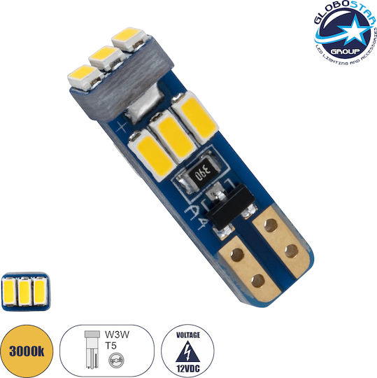 GloboStar Λάμπα Αυτοκινήτου T5 LED 3000K Θερμό Λευκό 12V 0.25W 1τμχ