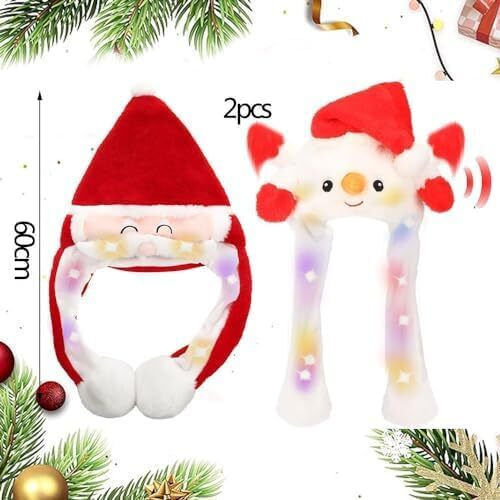 Set Christmas Led Hats Santa Snowman Moving Ears Two Pieces