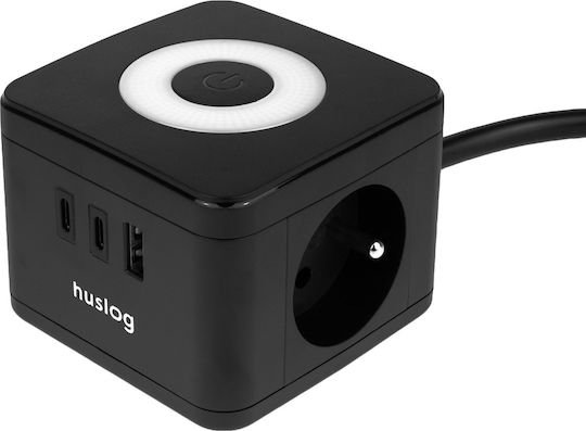 Huslog PowerCube с 1 USB-A, USB-C и Превключвател Черен
