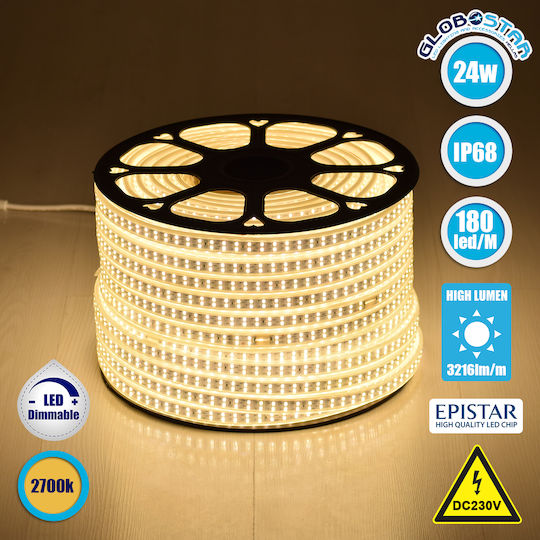 GloboStar Αδιάβροχη Ταινία LED 220V Θερμό Λευκό Φως 1m Τύπου SMD2835