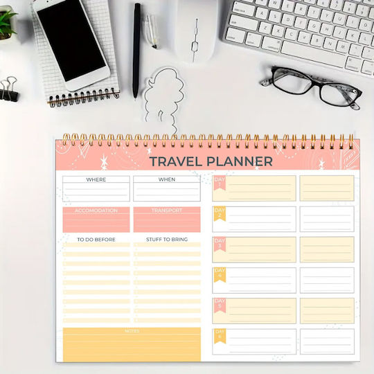 Agendă Planificator de Călătorii în Engleză Organizator Complet Vacanțe Excursii Legătură Spiralată 52 Pagini 25 X 18 Cm Hârtie 120 Gsm Alb Portocaliu