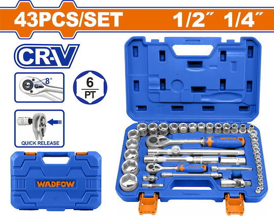Wadfow Ратчетни и гнездови гарнитури 1\4" & 1\2" 43бр