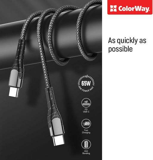 ColorWay Braided USB 2.0 Cable USB-C male - USB-C 65W PD Γκρι 1m CW-CBPDCC040-GR