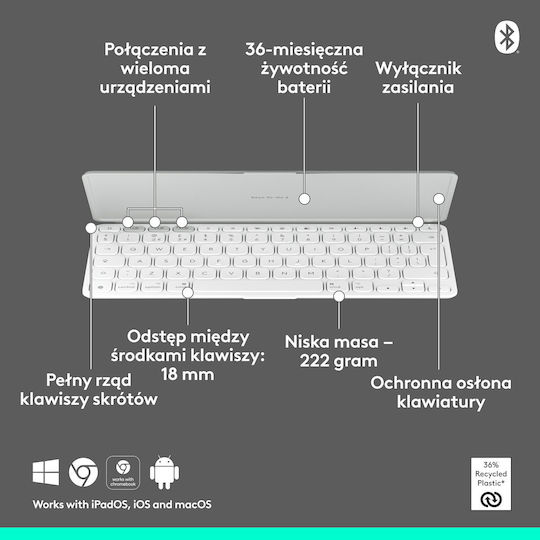 Logitech Keys To Go 2 Ασύρματο Πληκτρολόγιο Αγγλικό US Λευκό