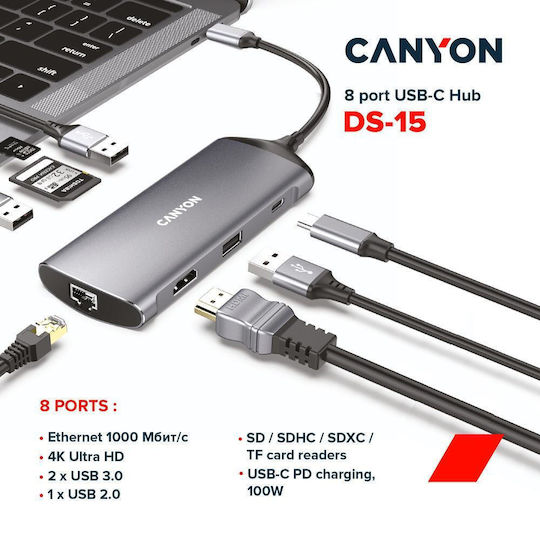 Canyon USB-C Docking Station with HDMI 4K PD Ethernet Gray (CNS-TDS15)