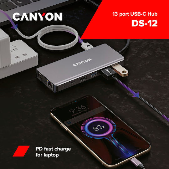 Canyon USB-C Docking Station with HDMI 4K PD Ethernet and Support for 3 Monitors Gray (CNS-TDS12)