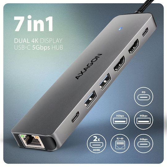 Axagon USB-C Dockingstation mit HDMI 4K PowerDelivery Ethernet und Bildschirmverbindungen 2 Monitore Grau