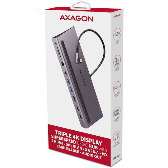 Axagon USB-C Docking Station mit HDMI/DisplayPort 4K PD Ethernet und Verbindung 3 Monitore Gray (HMC-4KX3)