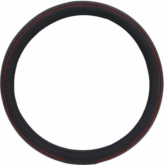 AMiO Car Steering Wheel Cover SWC-01-M with Diameter 37-39cm made of Leatherette Black with Red Stitching