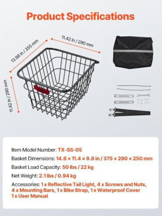 Vevor CKHXJSSZWNCBXWH3VV0 Bicycle Basket Orange