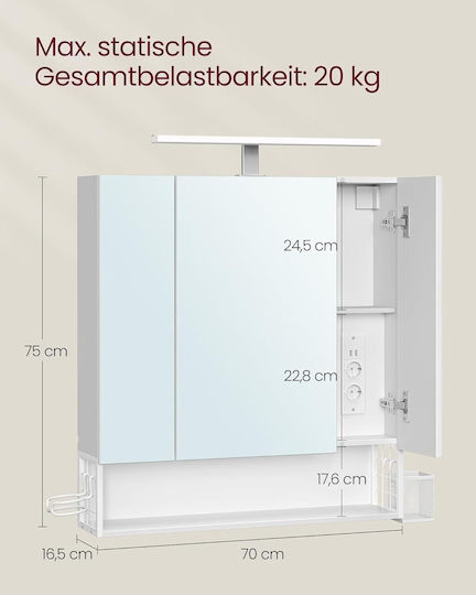 Vasagle Rectangular Bathroom Mirror Led made of MDF with Shelf and Cabinet 150x45cm White
