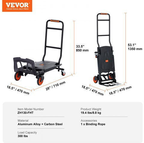 Vevor Καρότσι Μεταφοράς Πτυσσόμενο για Φορτίο Βάρους έως 136kg σε Μαύρο Χρώμα