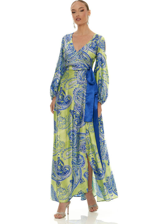 Rochie De Vară Maxi Pentru Nuntă / Botez Satin Albastru-Galben