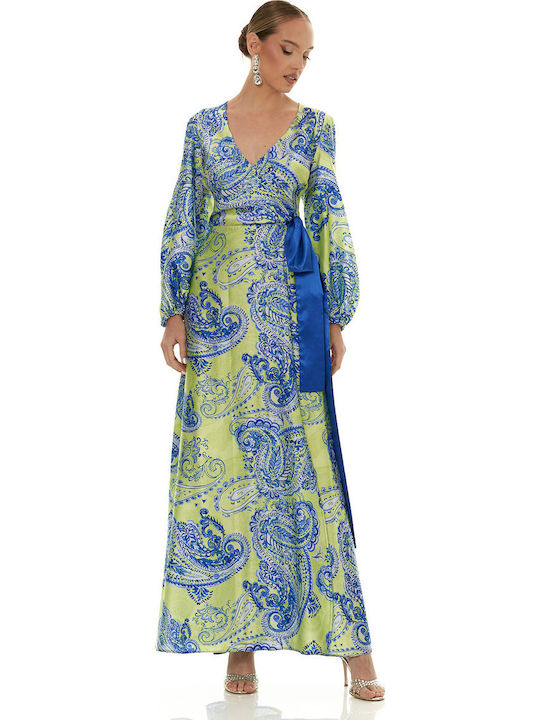 Rochie De Vară Maxi Pentru Nuntă / Botez Satin Albastru-Galben