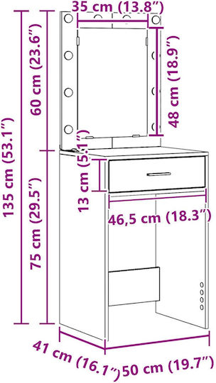 Floor-Standing Makeup Dressing Table Wooden White with Mirror 50x41x135cm