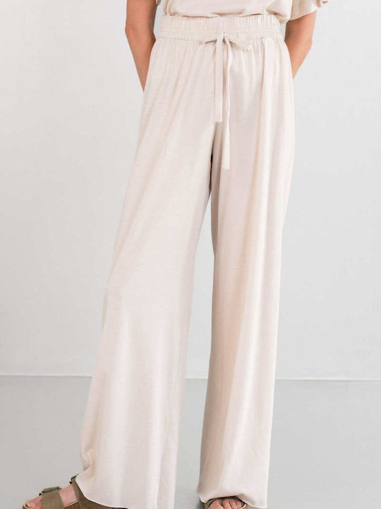 Women's High-waisted Fabric Trousers with Elastic in Loose Fit Ecru