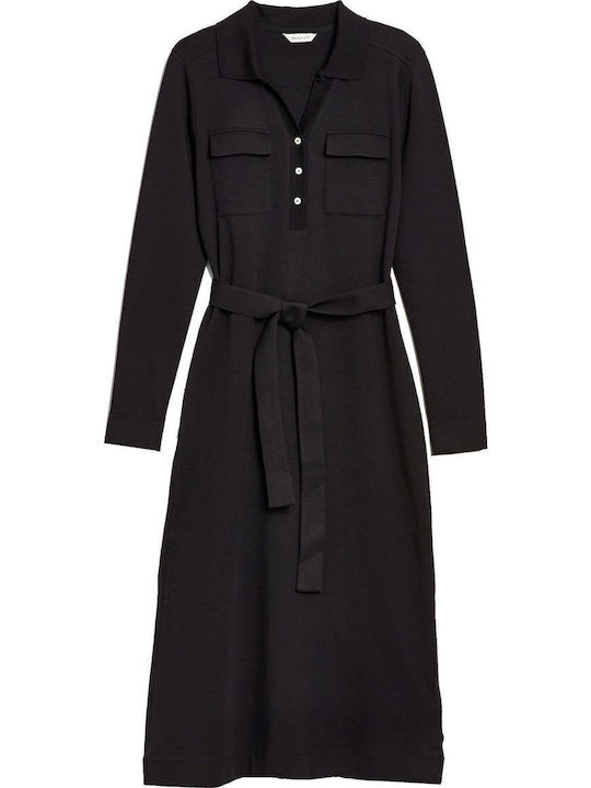 Midi Shirt Dress Long Sleeve Knitted Black