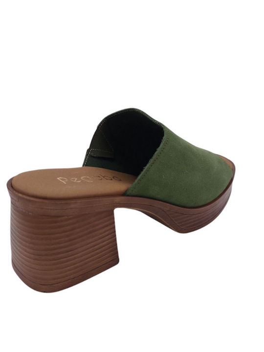 Leather Mules with Heel in Green Color