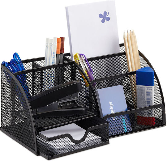 Organizator de birou metalic cu 6 compartimente și sertar, negru, 12.5 x 27.5 x 14 cm